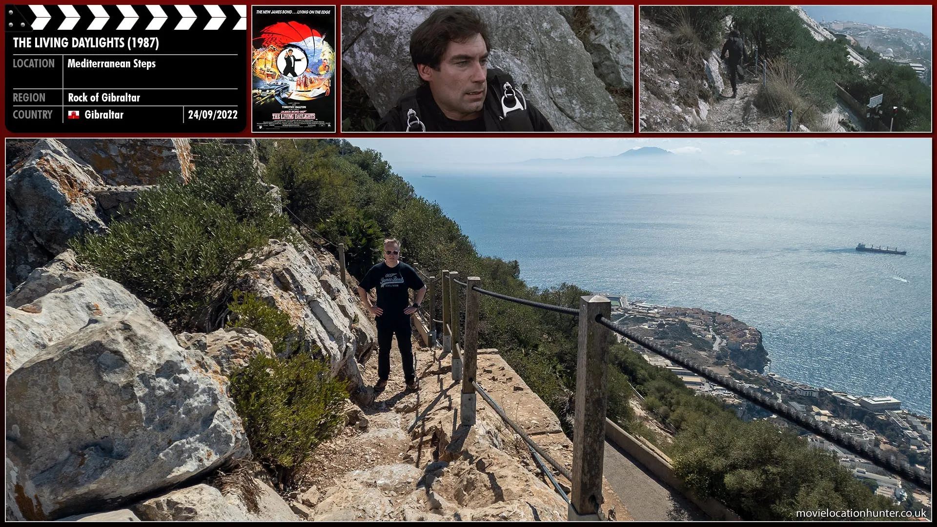 Filming location photo, shot in Gibraltar, for The Living Daylights (1987). Scene description: Bond (Timothy Dalton) hears a pistol shot as the assassin (Carl Rigg) kills a SAS solider and steals a Land Rover.  Bond jumps onto a narrow path and sees the vehicle driving off below him.  He runs after it.