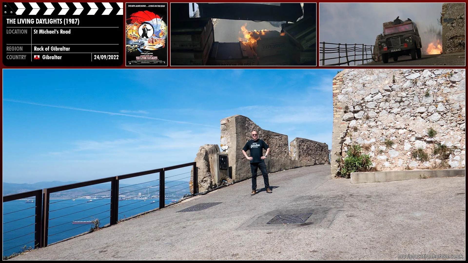 Filming location photo, shot in Gibraltar, for The Living Daylights (1987). Scene description: Burning wooden crates marked EXPLOSIVES fall off the back of the speeding Land Rover as Bond (Timothy Dalton) attemps to gain access from the vehicle roof.
