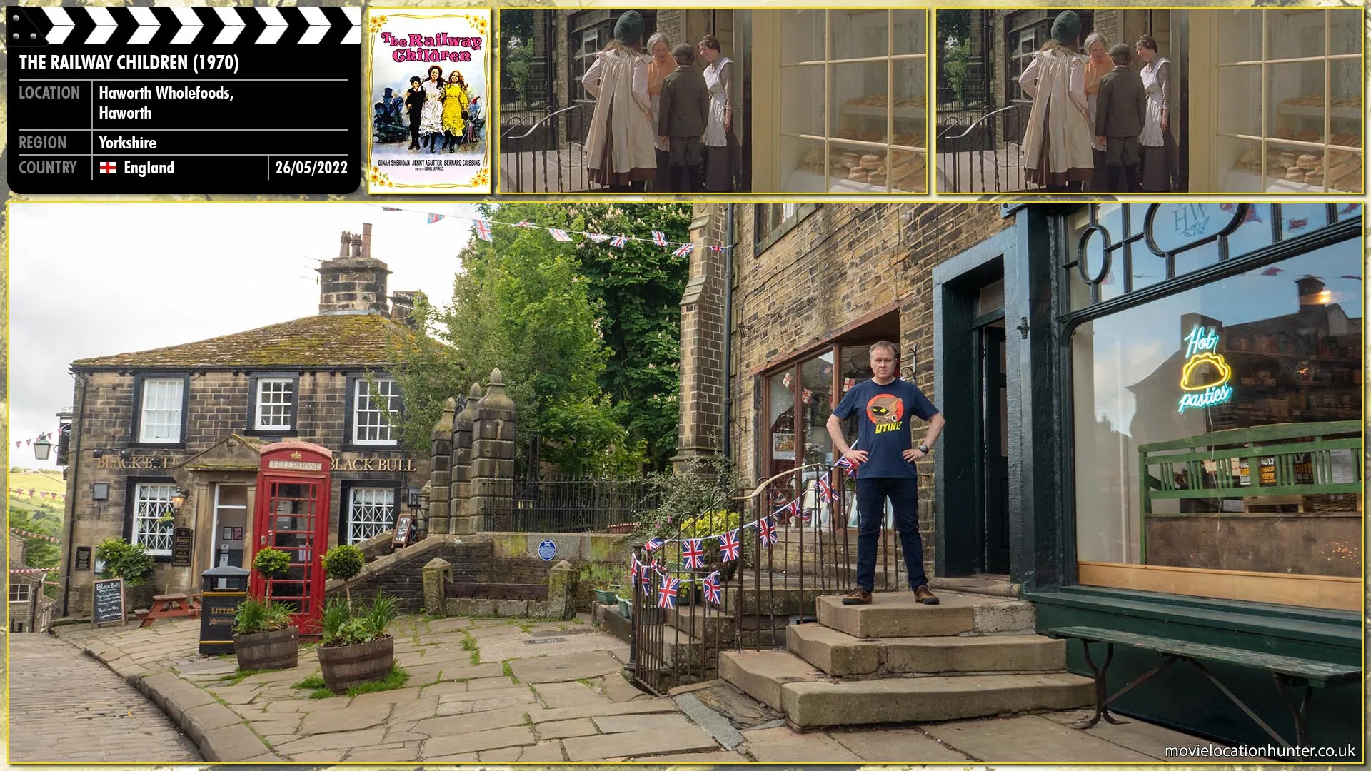 Filming location photo, shot in England, for The Railway Children (1970). Scene description: As the children walk around the village, almost everyone is happy to give a gift for Mr Perks (Bernard Cribbins).
