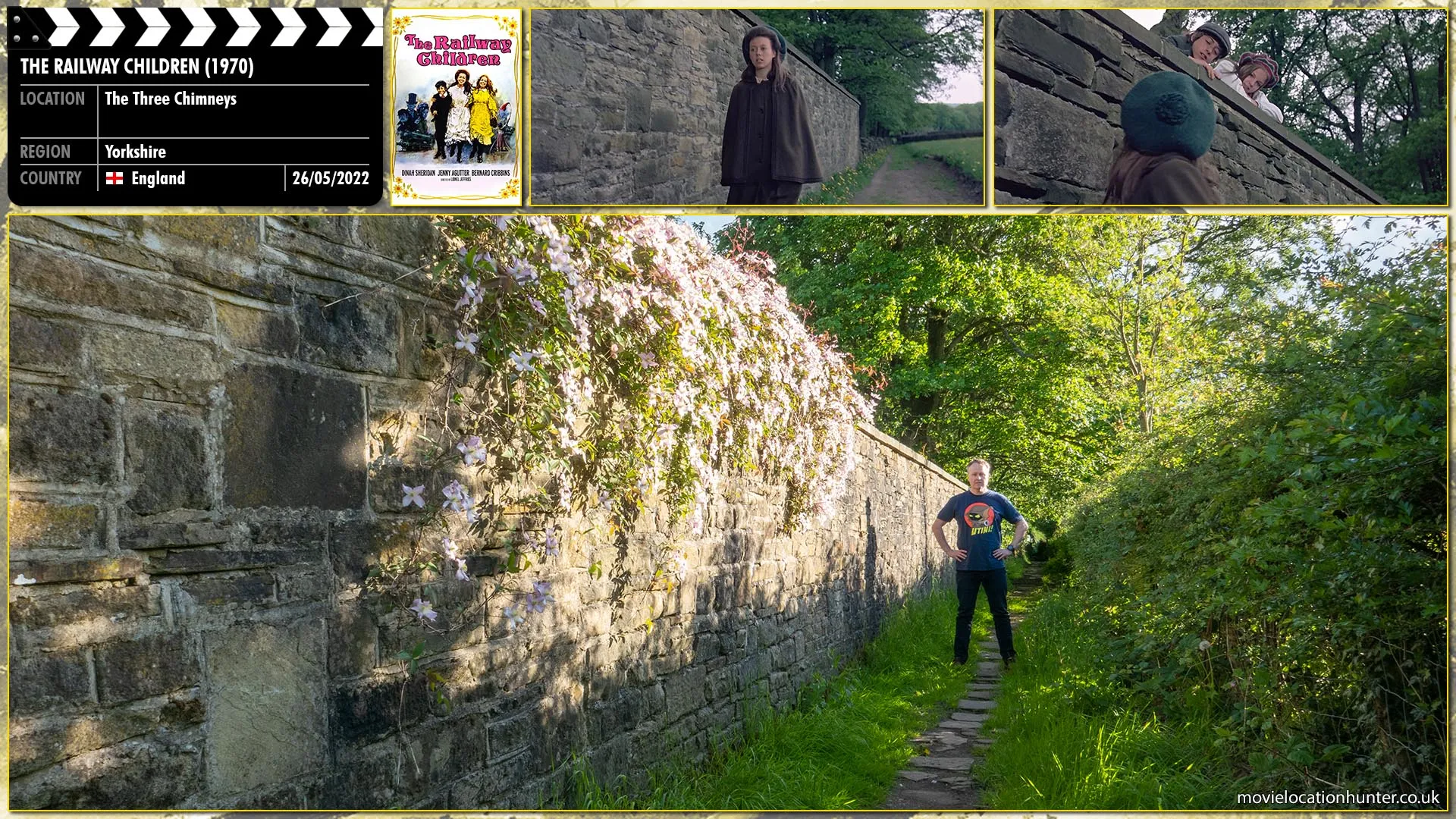 Filming location photo, shot in England, for The Railway Children (1970). Scene description: Phyllis (Sally Thomsett) and Peter (Gary Warren) lean over the top of a large garden wall as Roberta (Jenny Agutter) walks below and ask where she has been.  Roberta tells them she was at the station but it's a secret which disappoints Peter.  She also informs them both there is going to be a paper chase for the grammar schoolboys which delights them all.