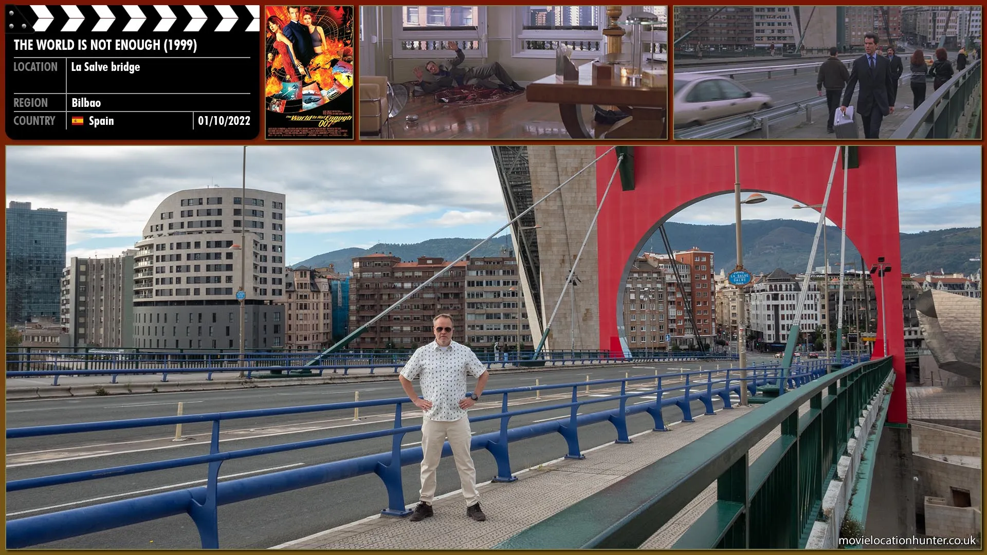 Filming location photo, shot in Spain, for The World Is Not Enough (1999). Scene description: Bond (Pierce Brosnan), with a briefcase suit and tie, mingles in with faceless crowds as they go about their business.